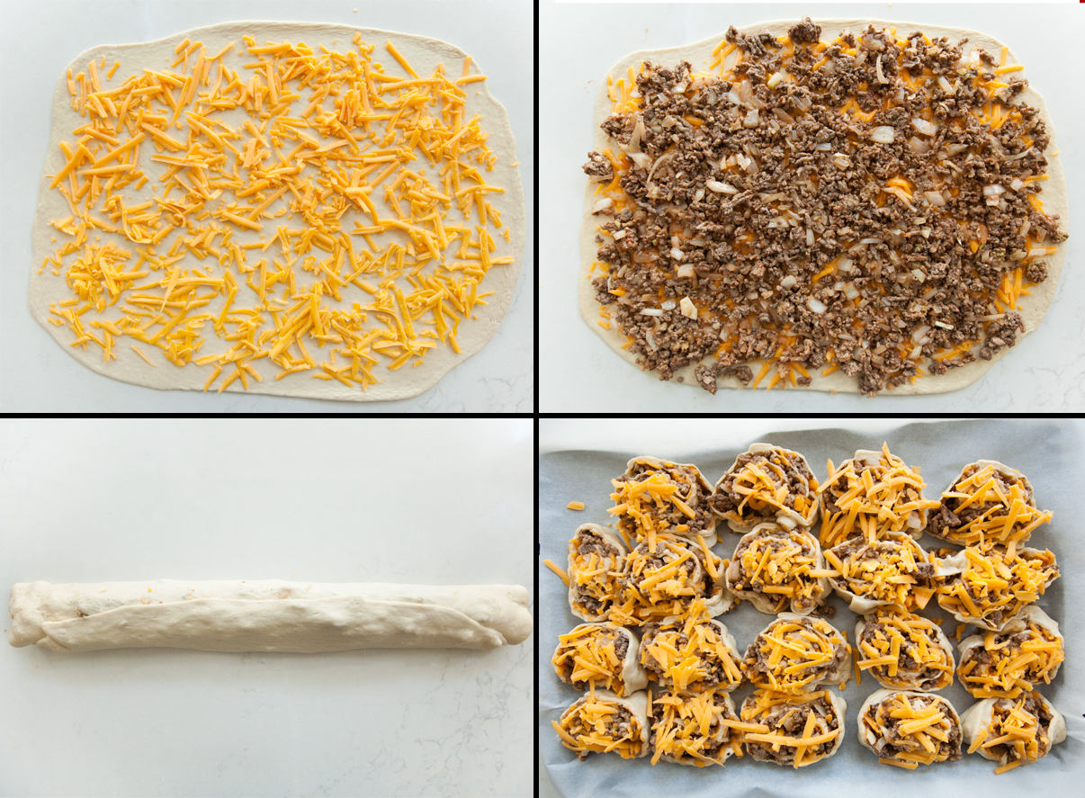 Step by step process photos for rolling up and slicing cheeseburger pinwheels.