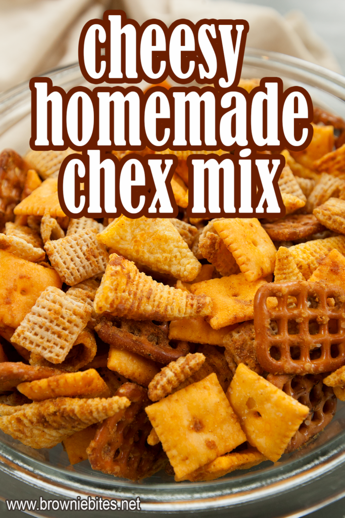 Close up of cheddar chex mix with text for Pinterest to point to the recipe.