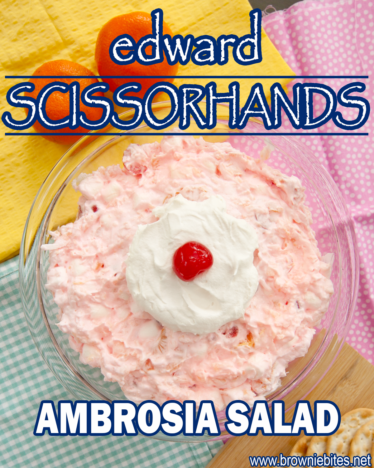An overhead view of Edward Scissorhands ambrosia salad with text for Pinterest.