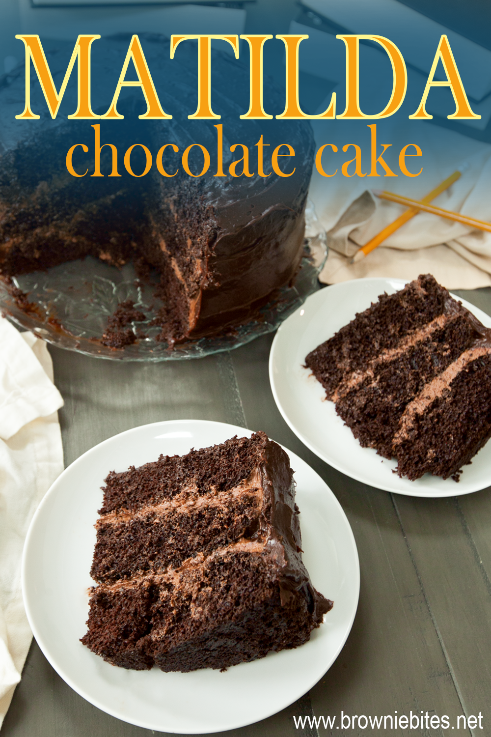 Two plates with thick slices of the fudgy chocolate cake from Matilda, with text for Pinterest use.