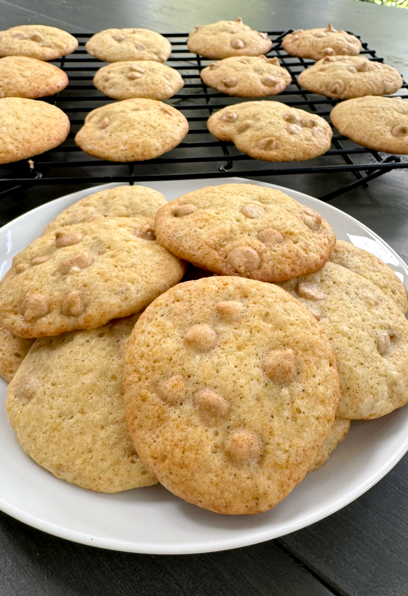 close up of a plate of soft banana cookies with peanut butter chips.