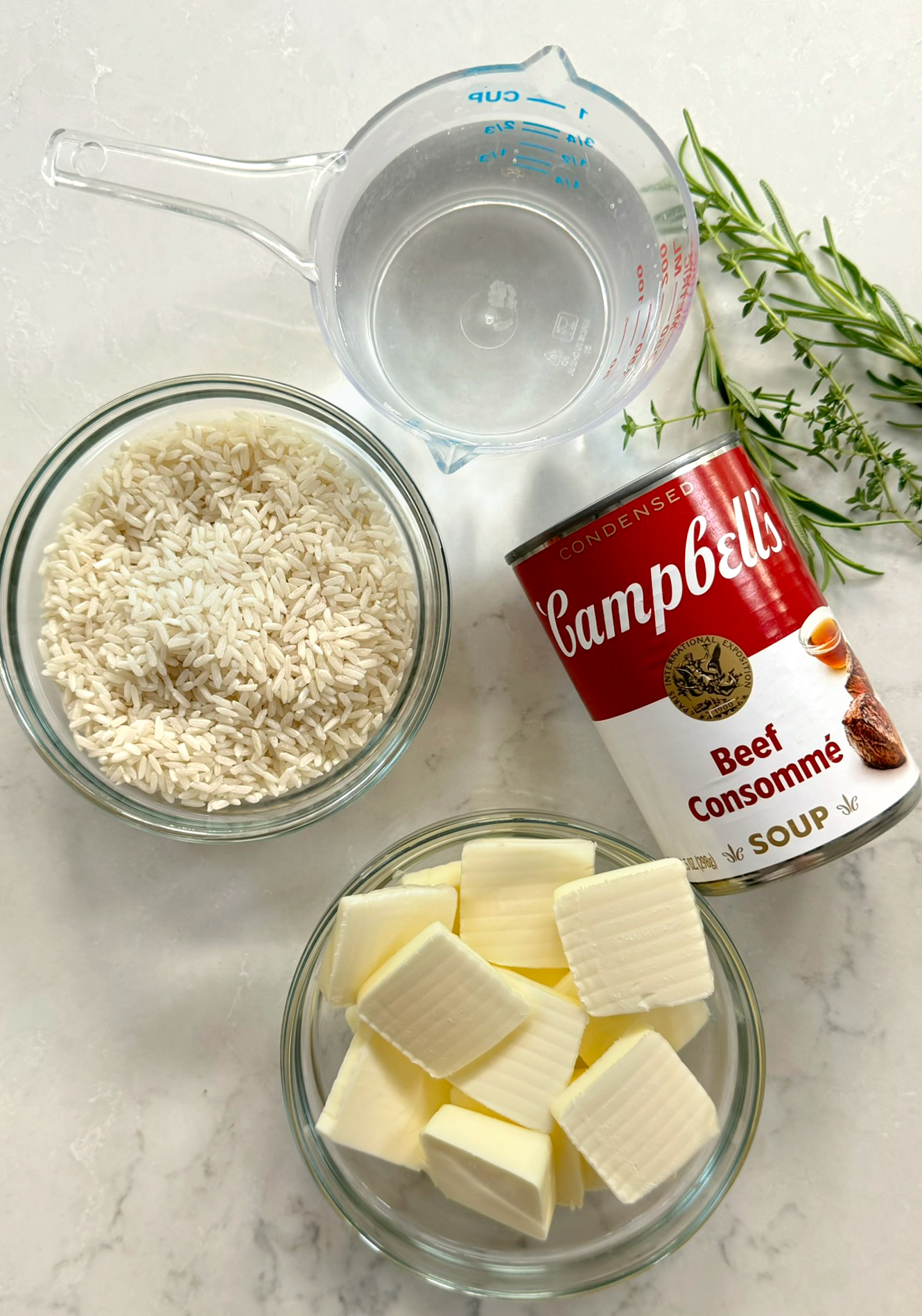 overhead shot of the ingredients used in stick of butter rice.